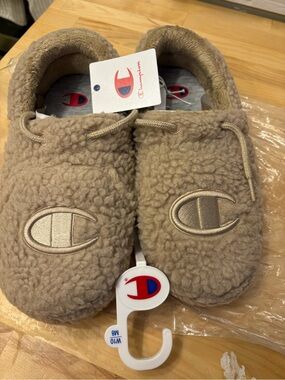 Champion Taupe Sherpa Slide Slippers with Embroidered Logo
